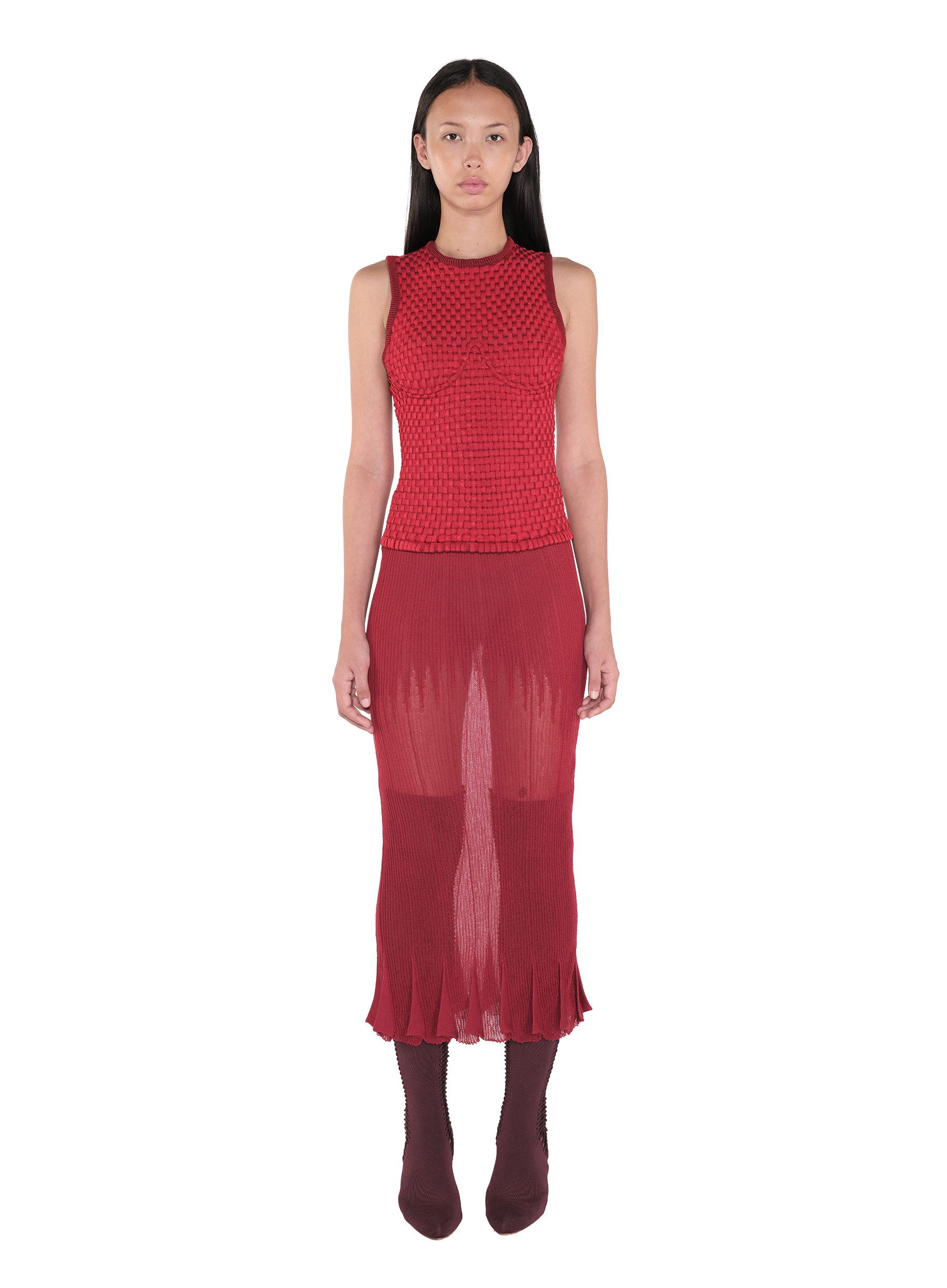 Pleating Midi Skirt Red 1